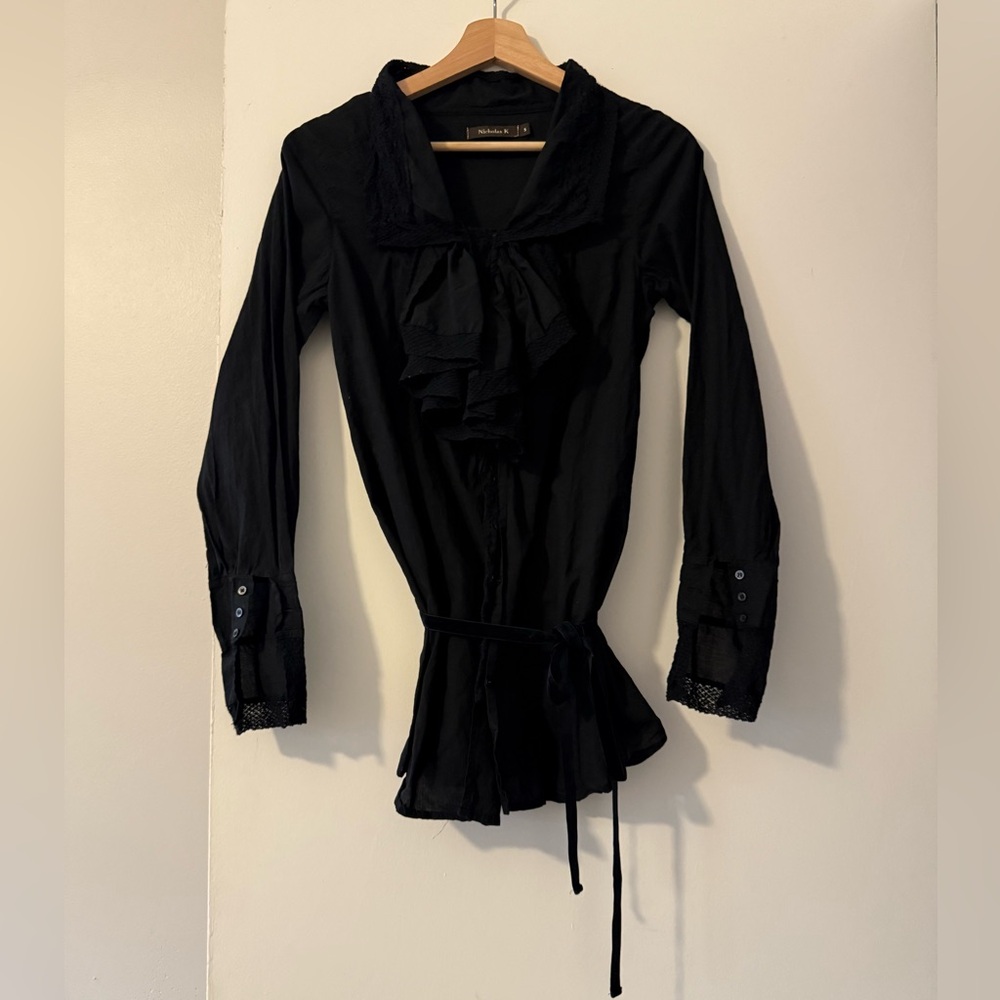 Nicholas K Black Cotton Lace Ruffle Button Up Long Tunic Blouse